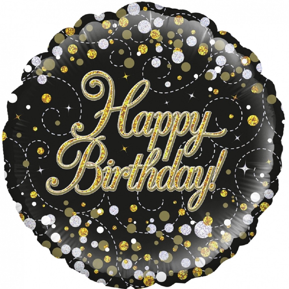 18" Happy Birthday Black & Gold Holographic
