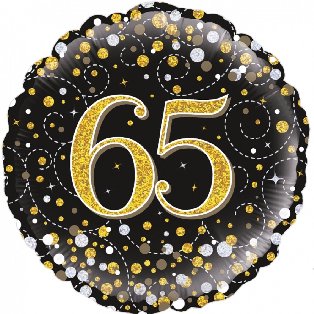 18" Birthday "65" Black & Gold Holographic
