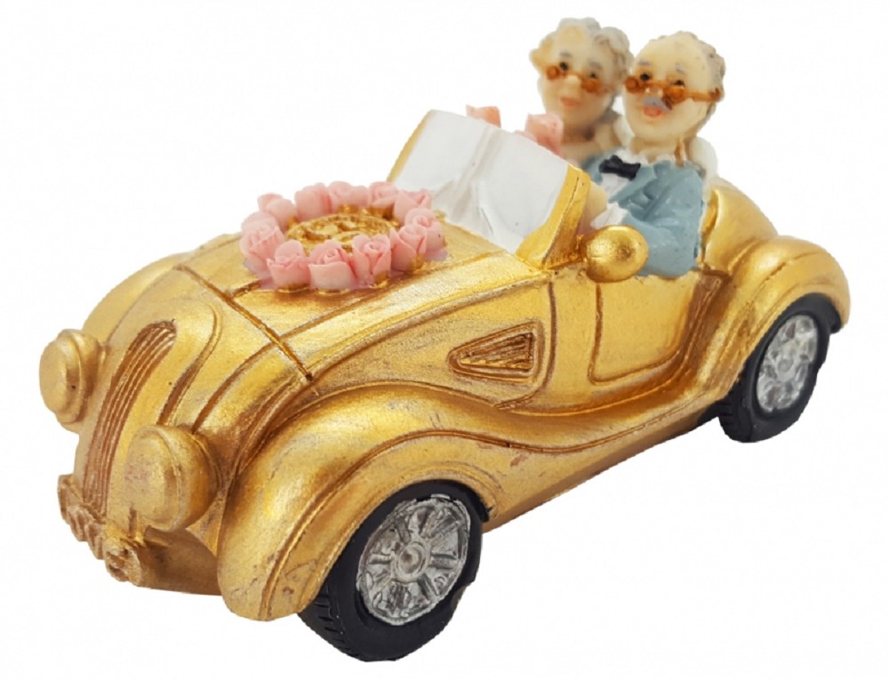 Brautpaar Goldhochzeit - goldenes Auto 8cm (Polyresin)