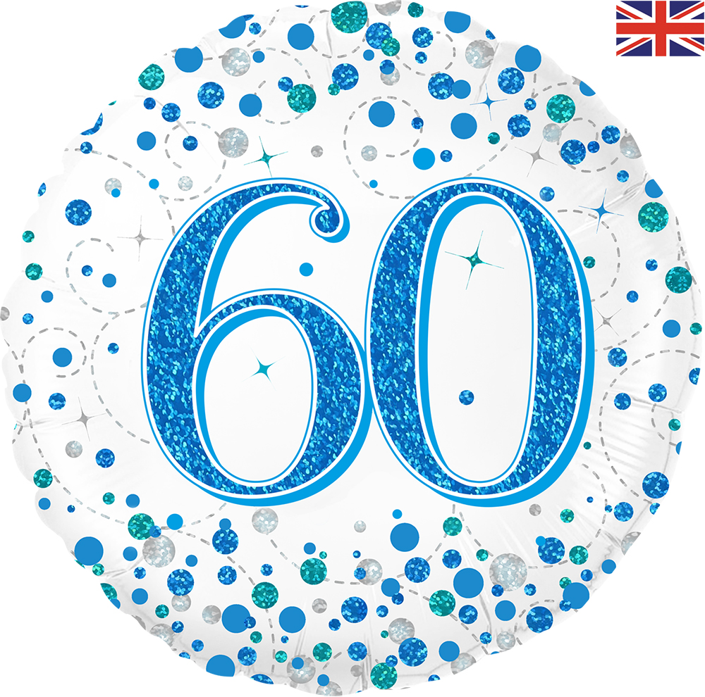18" Birthday "60" White & Blue Holographic