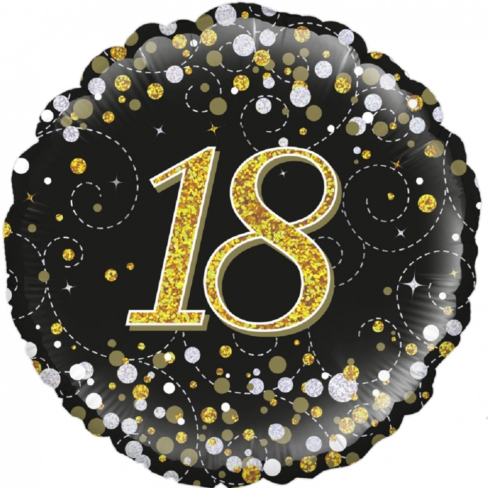 18" Birthday "18" Black & Gold Holographic