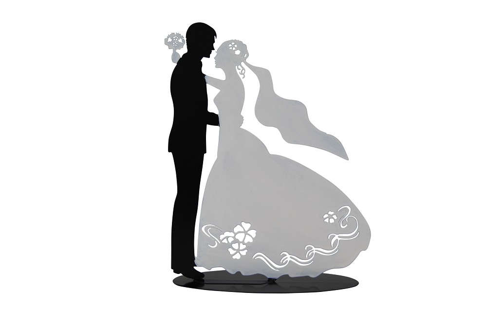 Metall Brautpaar mit Strauß - schwarz/weiß