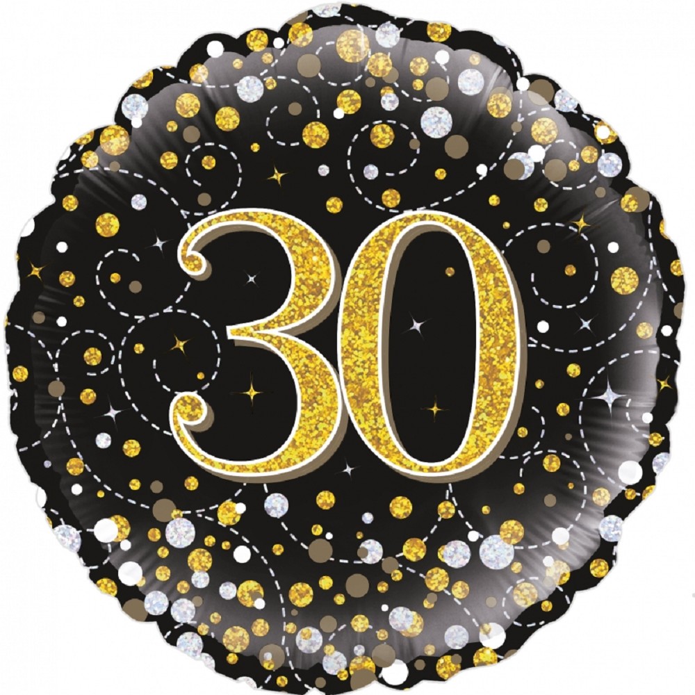 18" Birthday "30" Black & Gold Holographic